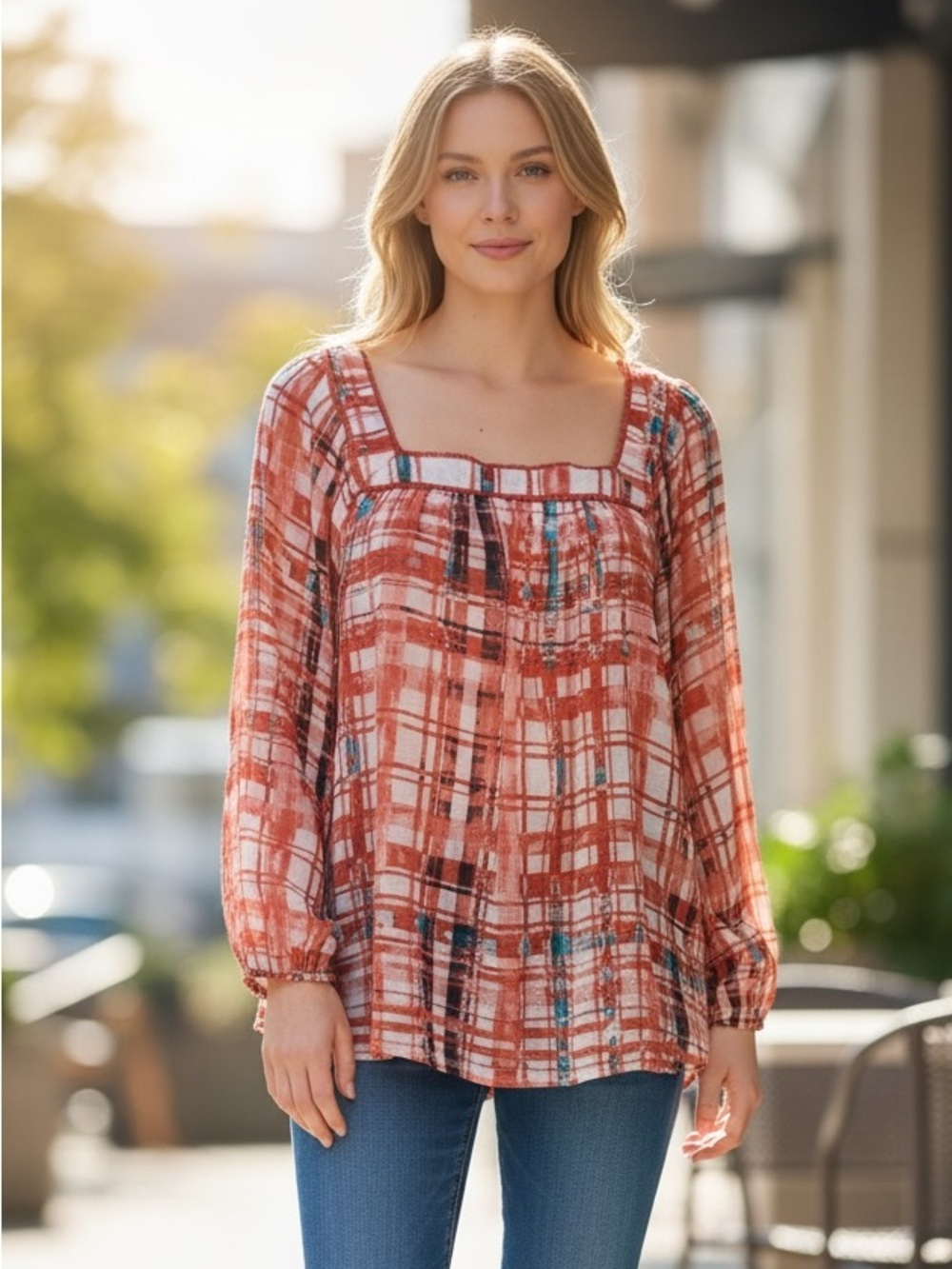 Hope & Harlow Women's XL Textured‎ Square Neck Peasant Boho Blouse EUC Orange